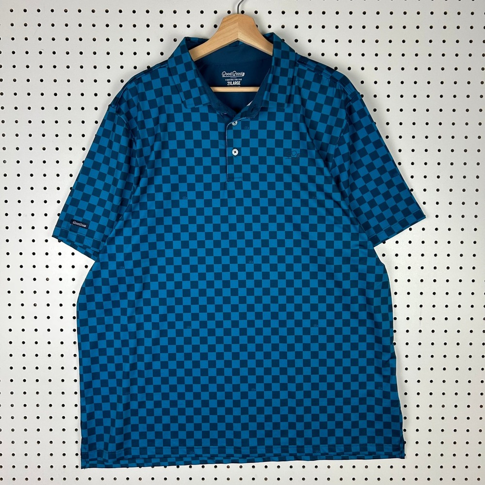 Good Good Golf Polo Shirt Mens 2XL Blue Teal Checkered Performance Short Sleeve